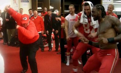 Video: Andy Reid and Travis Kelce in the chiefs locker Room, Reid Sets the Chiefs Locker Room on Fire with a victory Danced, he showed how excited he is with his Amazing dancing steps...See More