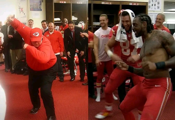 WATCH: Andy Reid and Travis Kelce in the chiefs locker Room, Reid Sets the Chiefs Locker Room on Fire with a victory Danced, he showed how excited he is with his Amazing dancing steps over CHIEFS Win… GO BIG RED!!!