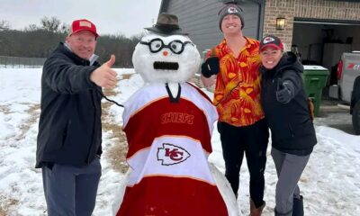 Moved from Kansas to Texas a year ago. We got our first snow and of coarse had to make a snowman. We love our Chiefs and our favorite coach Any Reid!!!