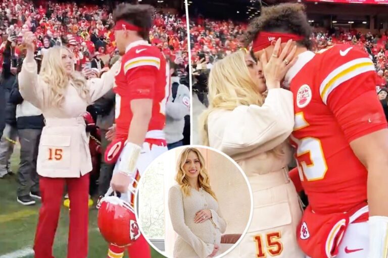 Fans are all saying the same thing as Brittany Mahomes gives husband Patrick a good luck kiss at Chiefs playoffs game less than a week after giving birth...