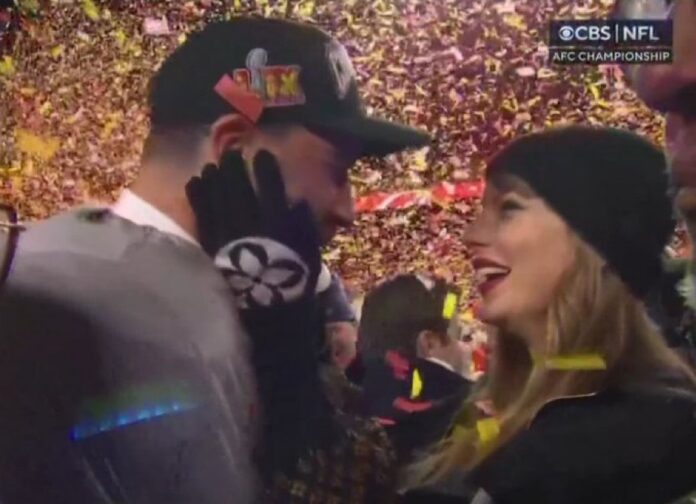 Just In: Taylor Swift and Travis Kelce celebrate the Chiefs advancing to the Super Bowl, the Popstar couldn’t hold her tears of joy as she gives the Chiefs Star a Sweet KISS in this Emotional Video...