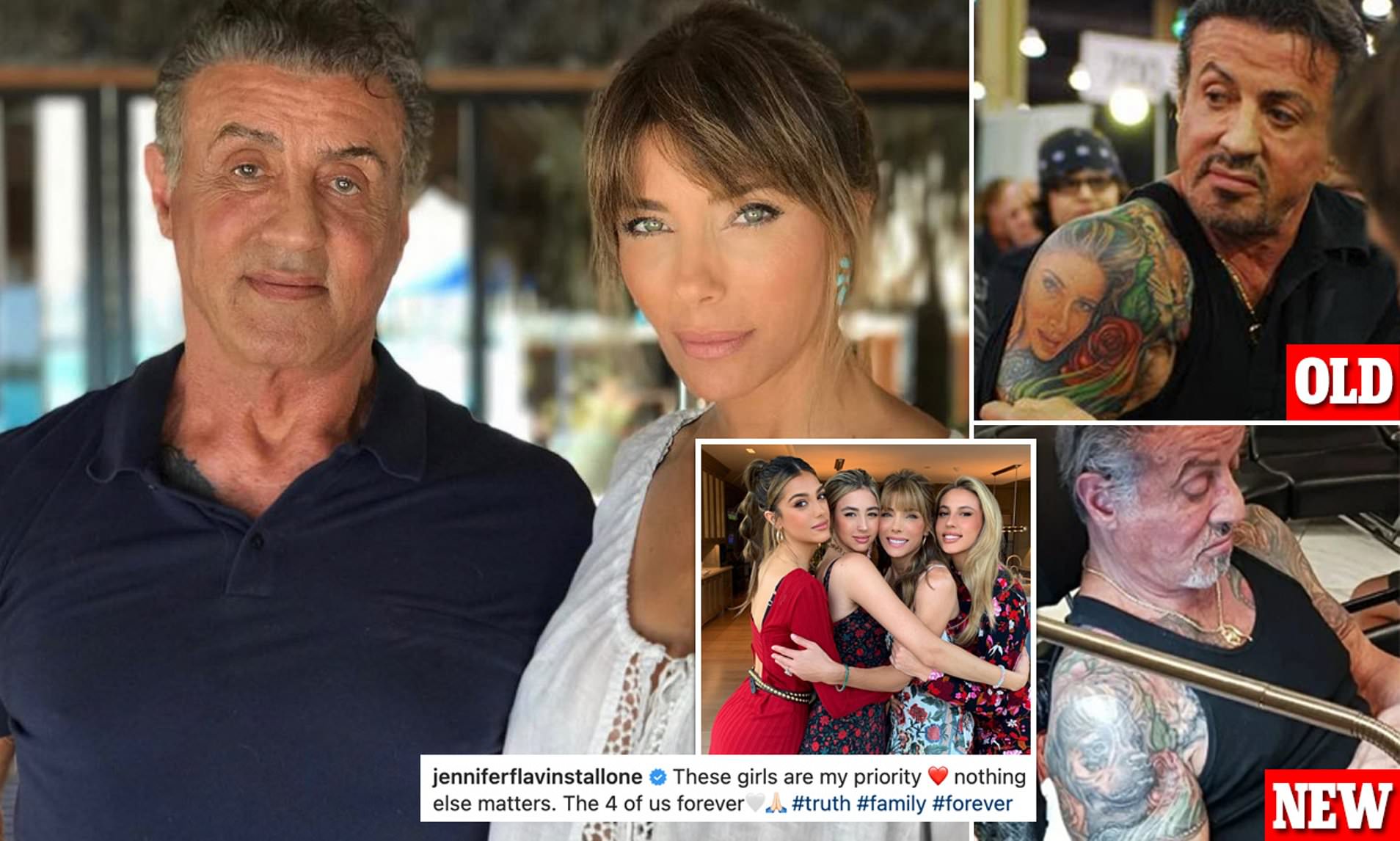 EXCLUSIVE: On the rocks? Sylvester Stallone, 76, gets huge bicep tattoo of wife Jennifer Flavin, 54, COVERED UP with image of his movie dog Butkus - as she posts cryptic picture with their three daughters: 'The 4 of us forever'