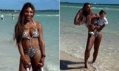 Serena Williams shows off her toned figure in a leopard-print cut-out swimsuit as she poses on the beach with her 18-month-old daughter Adira
