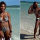Serena Williams shows off her toned figure in a leopard-print cut-out swimsuit as she poses on the beach with her 18-month-old daughter Adira