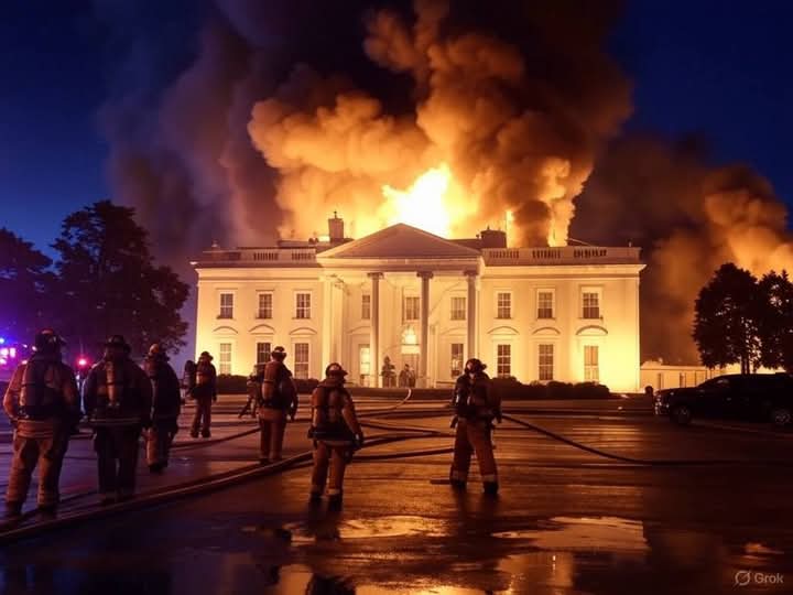 BREAKING NEWS : White House Engulfed in Flames Moments Ago:In a shocking and unprecedented event, the White House has reportedly caught fire just minutes ago, sending thick plumes of smoke into the skies above the nation’s capital. Emergency services are currently on the scene battling the blaze, which appears to have originated in the West Wing around 11:45 AM…Full story
